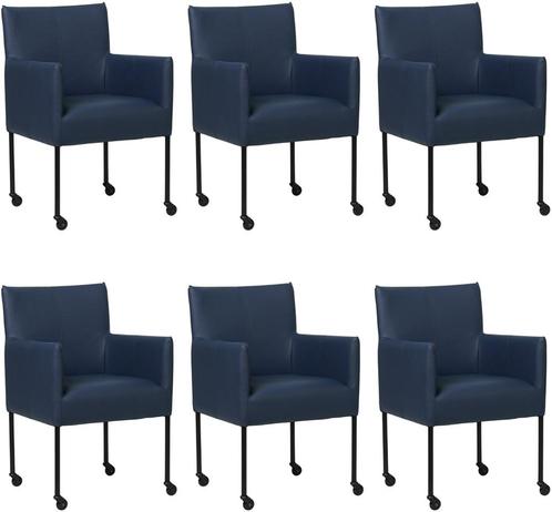 Set van 6 Blauwe leren moderne kuipstoel - poot rond zwart, Huis en Inrichting, Stoelen, Overige kleuren, Vijf, Zes of meer stoelen