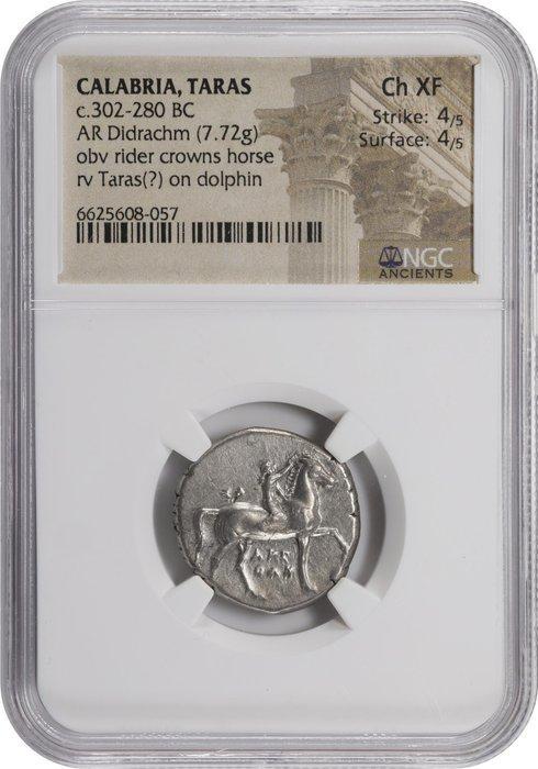 Calabre, Tarentum Didrachm 302-280 a.C. - NGC Ch XF, Postzegels en Munten, Munten | Europa | Niet-Euromunten