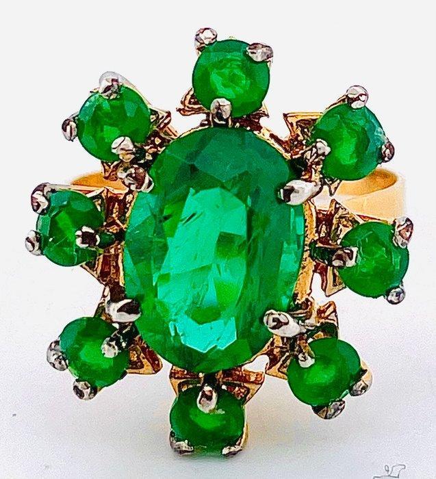 Ring - 9 kt. Geel goud, Zilver Smaragd - Smaragd, Handtassen en Accessoires, Ringen