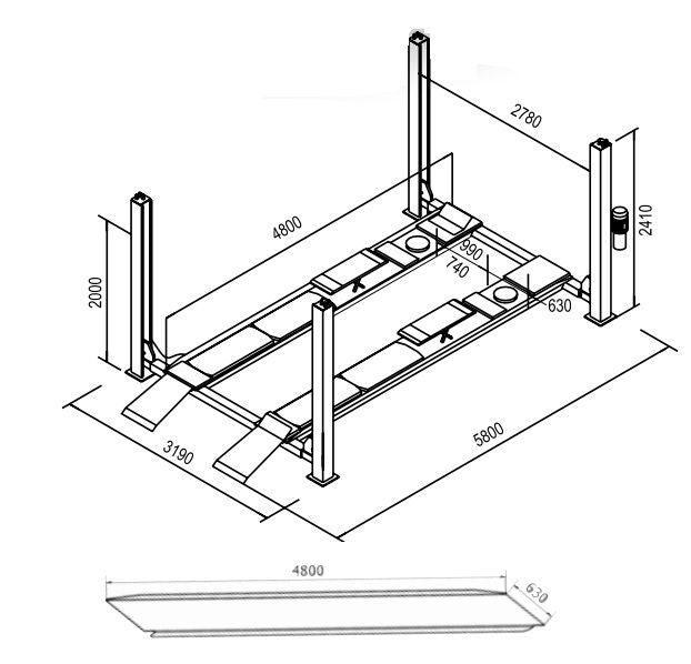 13381 Vier koloms hefbrug 4000kg 4,8m flat Cascos, Doe-het-zelf en Bouw, Gereedschap | Lasapparaten, Ophalen of Verzenden