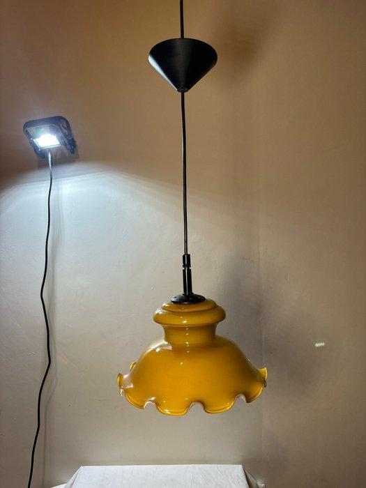 Lamp - Retro Gele Hanglamp met Golfrand - Glas, Antiek en Kunst, Curiosa en Brocante