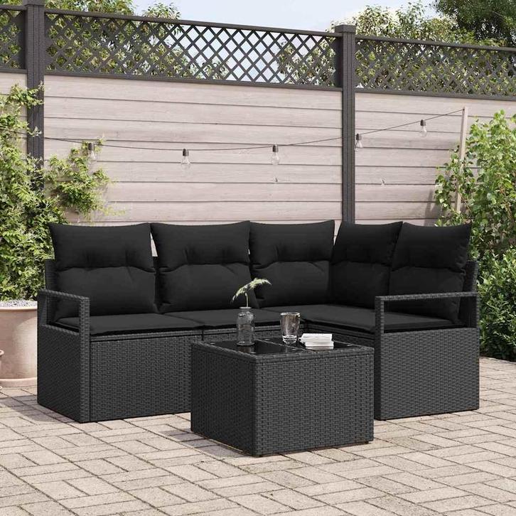 vidaXL Bankstel met kussen met opslag 5 pcs Zwart poly, Jardin & Terrasse, Ensembles de jardin, Envoi