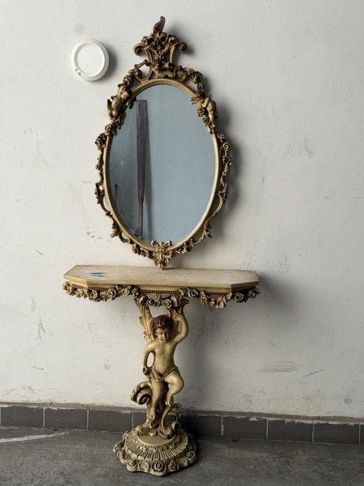 Wandtafel - Hout, Glas - Console met putto-beeld, Antiquités & Art, Antiquités | Autres Antiquités