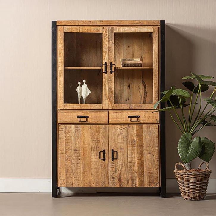 Vitrinekast Mangohout Britt 115 cm, Huis en Inrichting, Kasten | Vitrinekasten, 25 tot 50 cm, Nieuw, Overige houtsoorten, 150 tot 200 cm