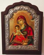 Icoon - Moeder Gods - houten basis, verzilverd met 950, Antiek en Kunst