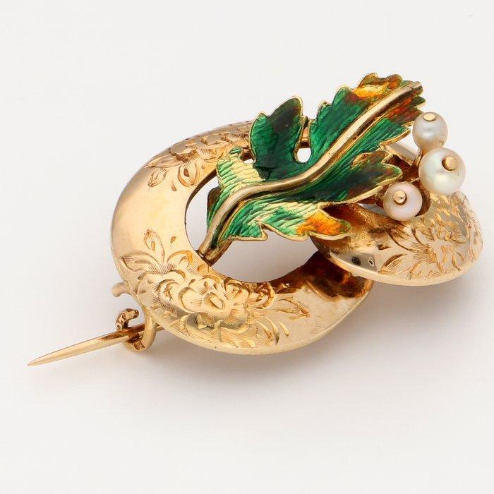 Broche - 18 karaat Geel goud Parel - Parel - Emaille, Handtassen en Accessoires, Antieke sieraden
