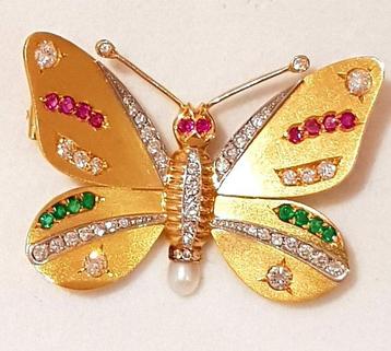 Broche - 18 karaat Geel goud Diamant (Natuurlijk) - Robijn -