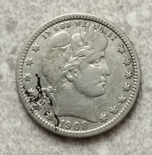 Verenigde Staten. Barber Quarter 1908-D (Denver)  (Zonder, Postzegels en Munten, Munten | Europa | Niet-Euromunten