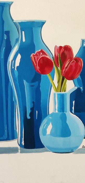 Antonio Perotti - Still Life Vasi in vetro opalino, Antiek en Kunst, Kunst | Schilderijen | Modern