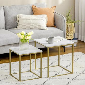 Marmeren – Bijzettafel set - Stalen frame – Wit, Ophalen of Verzenden