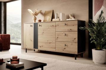 Dressoir Antraciet Eiken hotel chic ladekast industrieel, Huis en Inrichting, Verzenden, Nieuw, 25 tot 50 cm, 150 tot 200 cm
