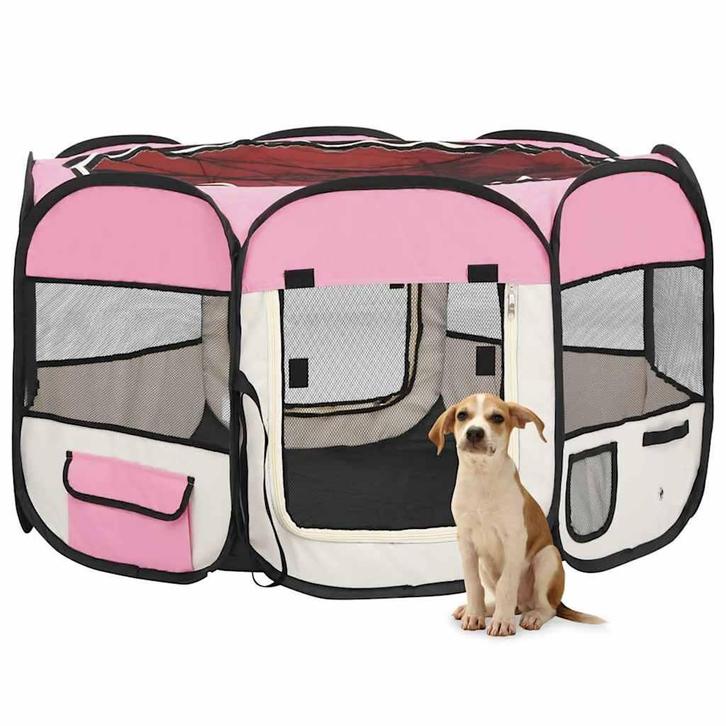 vidaXL Hondenren inklapbaar met draagtas 110x110x58 cm roze, Dieren en Toebehoren, Hondenbenches, Nieuw, Verzenden