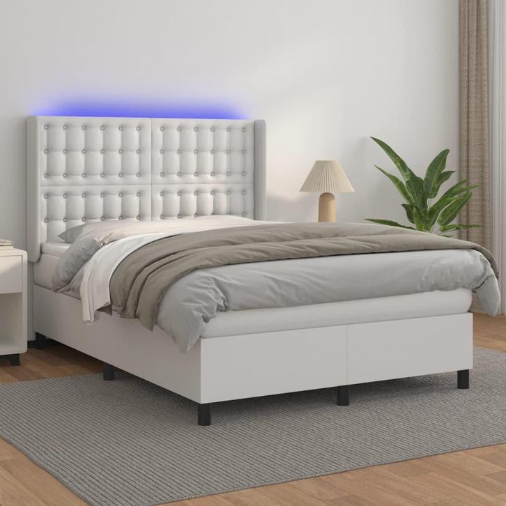 vidaXL Boxspring met matras en LED kunstleer wit 140x200 cm, Huis en Inrichting, Slaapkamer | Bedden, Nieuw, Verzenden