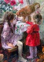 Elena Salnikova (1970) - Fillettes au Chat, Antiek en Kunst, Kunst | Schilderijen | Klassiek