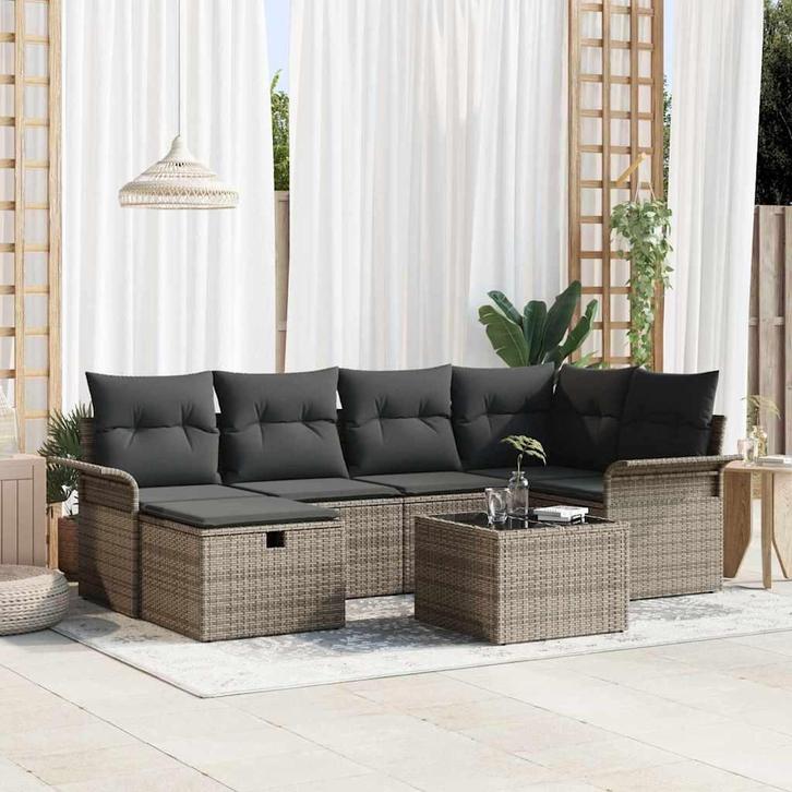 vidaXL Tuinbank Set met kussen met opslag 7 pcs Grijs Poly, Tuin en Terras, Tuinsets en Loungesets, Nieuw, Verzenden