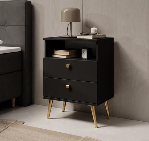 Meubella Nachtkastje zwart 50 cm met lade goud, Huis en Inrichting, Kasten | Overige, Nieuw, Verzenden