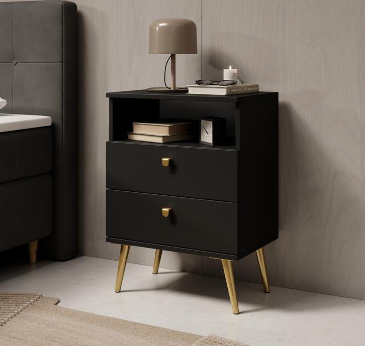 Meubella Nachtkastje zwart 50 cm met lade goud, Huis en Inrichting, Kasten | Overige, Nieuw, Verzenden