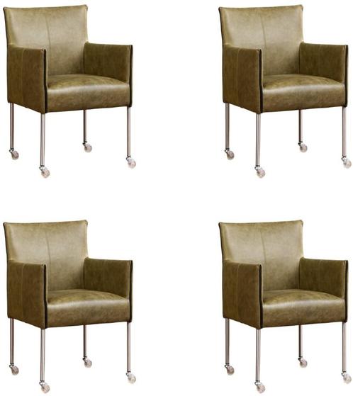 Set van 4 Olijfgroene leren moderne kuipstoel - poot rond, Huis en Inrichting, Stoelen, Overige kleuren, Vier, Nieuw, Leer, Ophalen of Verzenden