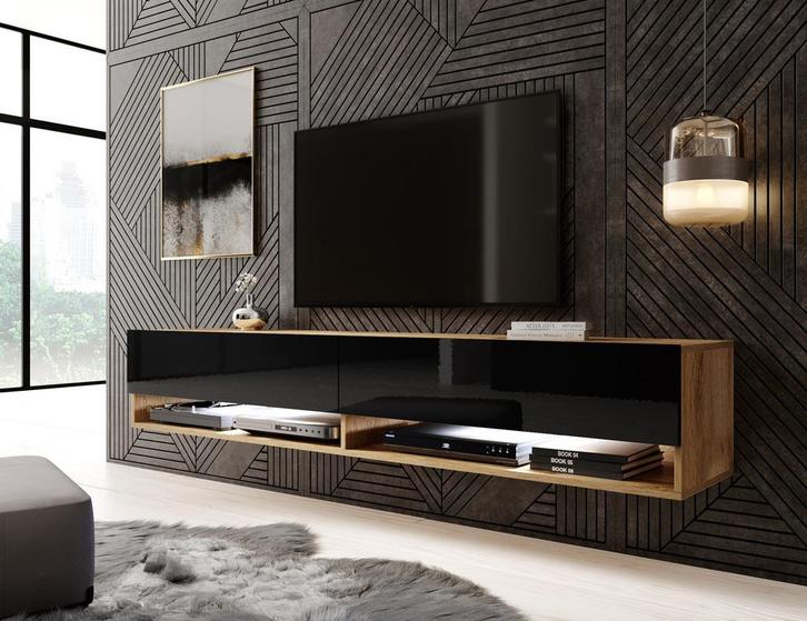 TV-Meubel Asino LED zwart Eiken - 180 cm, Huis en Inrichting, Kasten |Televisiemeubels, 25 tot 50 cm, Nieuw, 150 tot 200 cm, Overige materialen