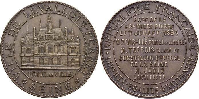 Cu-medaille 1895 Frankreich-levallois-perret, Stadt, Postzegels en Munten, Penningen en Medailles, Verzenden