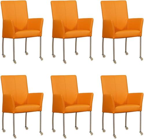 Set van 6 Oranje leren moderne eetkamerstoelen - Toledo Leer, Maison & Meubles, Chaises, Enlèvement ou Envoi