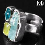 Sterling zilveren ring met ruwe aquamarijn, heliodor en