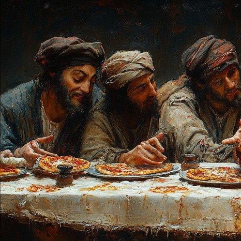 I_KONIQ (1969) - The Last Supper with pizza AI- XXL, Antiek en Kunst, Kunst | Schilderijen | Modern