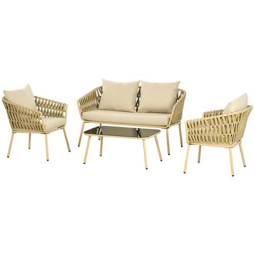 Tuinmeubelset – Rattan - Salontafel &amp; Fauteuils – Khaki, Tuin en Terras, Tuinsets en Loungesets, Nieuw, Ophalen of Verzenden