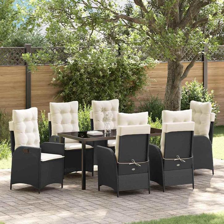 vidaXL Tuin Eettafel Set met kussen 7 pcs Zwart poly rattan, Tuin en Terras, Tuinsets en Loungesets, Nieuw, Verzenden