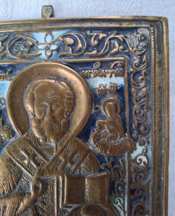 Reis-icoon - Nikolaas de Wonderdoener - Brons, Emaille, Antiquités & Art, Art | Art non-occidental