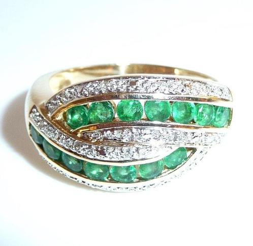 Ring - 14 karaat Geel goud - 0.70ct. tw. Smaragd - Diamant -, Handtassen en Accessoires, Ringen