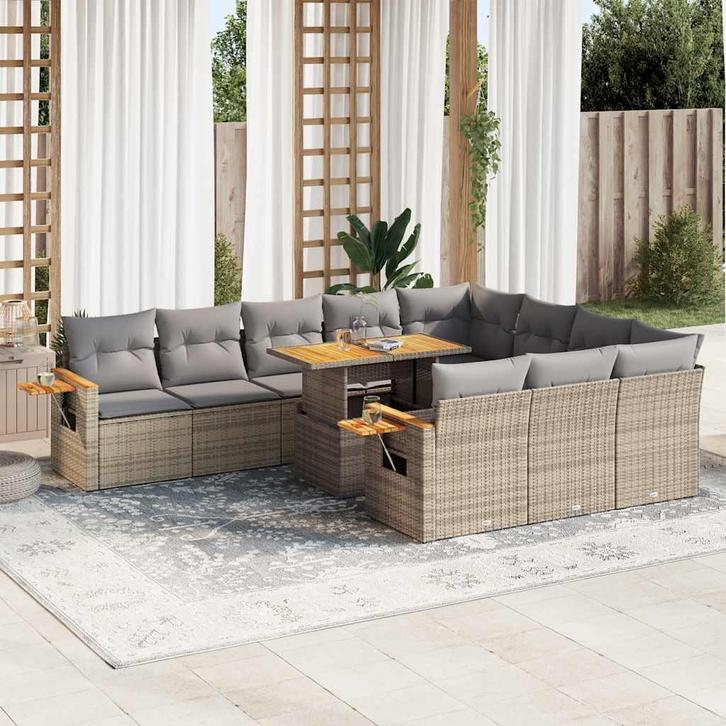 vidaXL 11-delige Tuinset met kussens poly rattan acacia, Tuin en Terras, Tuinsets en Loungesets, Tuinset, Nieuw, Verzenden