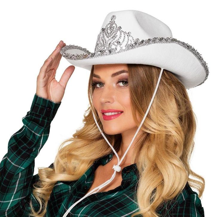 Cowboyhoed Glitter Wit 39cm, Hobby en Vrije tijd, Feestartikelen, Nieuw, Verzenden