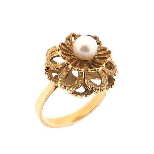 18 Krt. gouden ring gezet met parel (geelgoud, diamant), Handtassen en Accessoires, Ringen, Dame, Met edelsteen, Overige kleuren