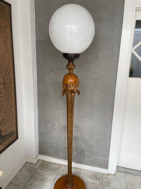 Staande lamp - Hout, Glas, Messing, Verguld - Houten poot, Maison & Meubles, Maison & Meubles | Autre