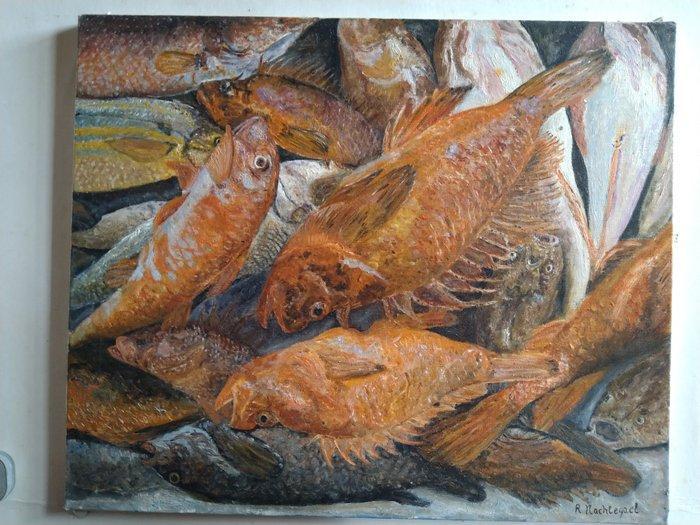 R Nachtegael (XX) - in de vismijn, Antiek en Kunst, Kunst | Schilderijen | Klassiek