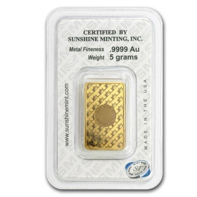 5 gram - Goud - .9999 Fine Gold Sunshine Minting Bar -, Postzegels en Munten, Edelmetalen en Baren