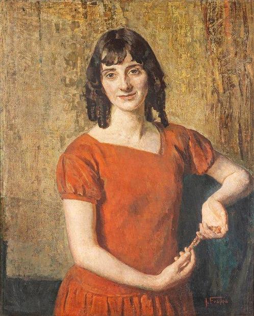 Jose Frappa (1854 – 1904) - Ritratto di donna in abito rosso, Antiek en Kunst, Kunst | Schilderijen | Klassiek