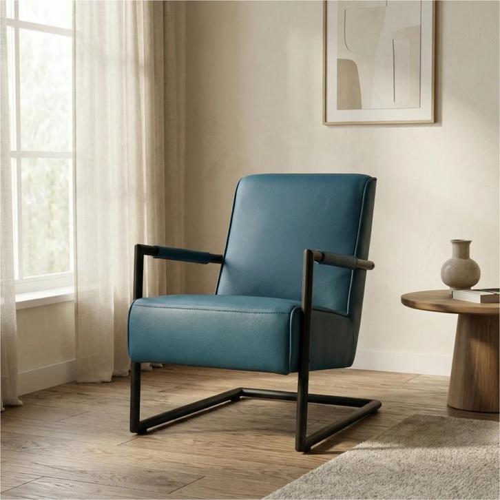 Leren fauteuil Lodge - Toledo Turquoise (blauw), Huis en Inrichting, Fauteuils, 50 tot 75 cm, 75 tot 100 cm, Nieuw, Leer, Ophalen of Verzenden