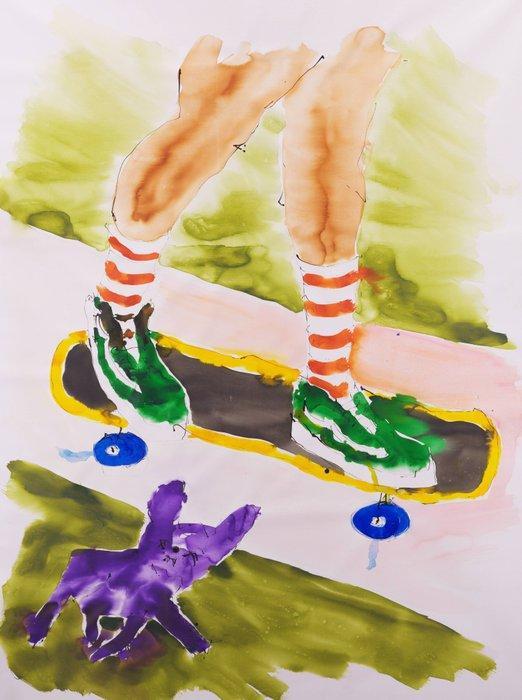 Leo Lenny - Frenchie chasing Skateboard, Antiek en Kunst, Kunst | Schilderijen | Modern