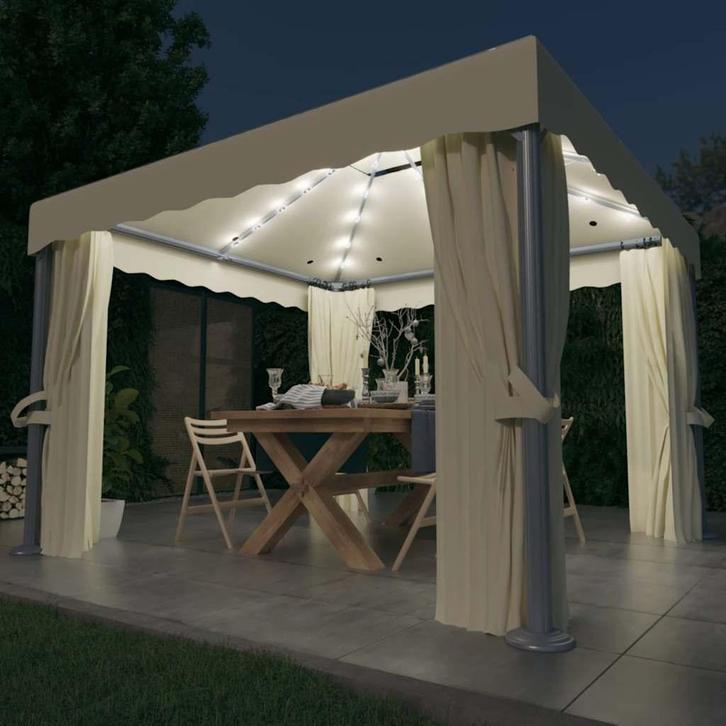 vidaXL Prieel met gordijn en LED-lichtslinger 3x3 m crèmewit, Tuin en Terras, Partytenten, Nieuw, Verzenden