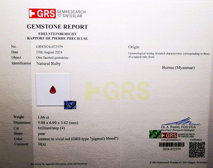 1 pcs Rood Robijn - 1.66 ct - Gem research Swiss Lab (GRS) -, Bijoux, Sacs & Beauté, Pierres précieuses