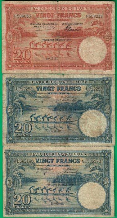 Belgisch-Congo. - 3 x 20 franc - various dates - Pick 15B,, Postzegels en Munten, Bankbiljetten | Europa | Niet-Eurobiljetten