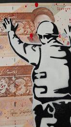 Jinks Kunst - Tribute to Banksy on 8 Iranian banknotes, Antiek en Kunst