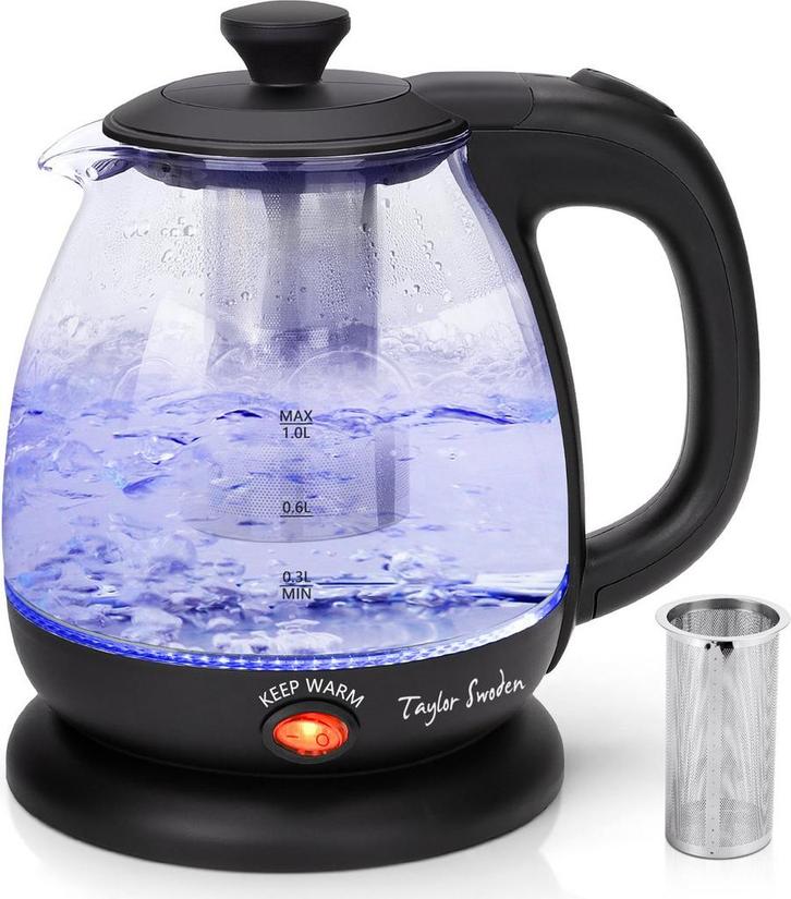 Waterkoker glas - met LED - Elektrisch - 1L - 2200W - Zwart, Huis en Inrichting, Woonaccessoires | Overige, Verzenden