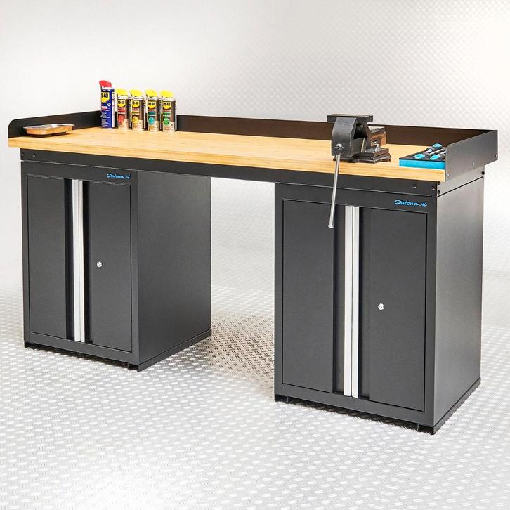 Datona Werkbank PRO eiken - 2 opbergkasten - 200 cm - zwart, Doe-het-zelf en Bouw, Werkbanken, Ophalen of Verzenden