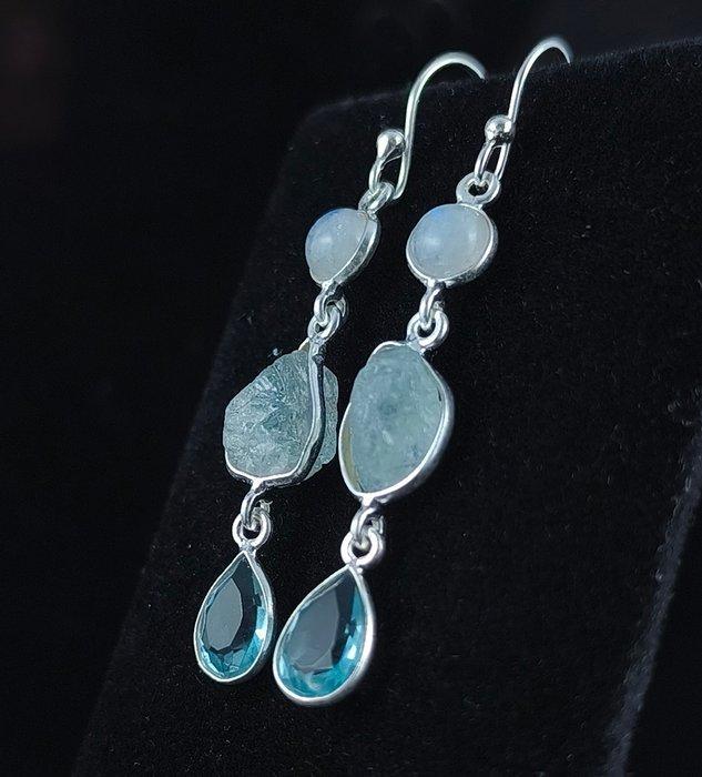 Gemengde edelstenen - Zilver - Oorbellen - Aquamarijn en, Verzamelen, Mineralen en Fossielen