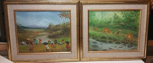 2 Antieke Vintage Schilderijen Indonesië Bali – Dame in, Antiek en Kunst, Kunst | Niet-Westerse kunst