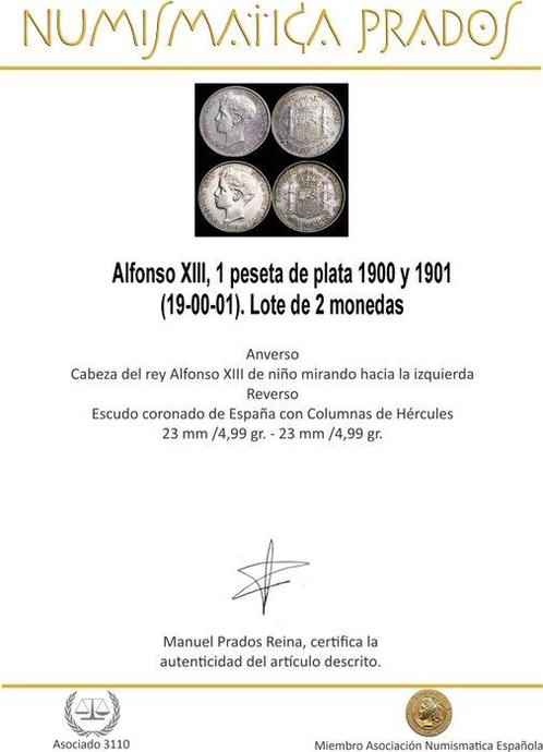 Espagne. Alphonse XIII. 1 Peseta 1900 y 1901 (19-00-01)., Postzegels en Munten, Munten | Europa | Niet-Euromunten