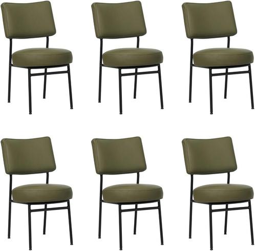 Set van 6 Olijfgroene leren moderne retro eetkamerstoelen -, Huis en Inrichting, Stoelen, Overige kleuren, Vijf, Zes of meer stoelen